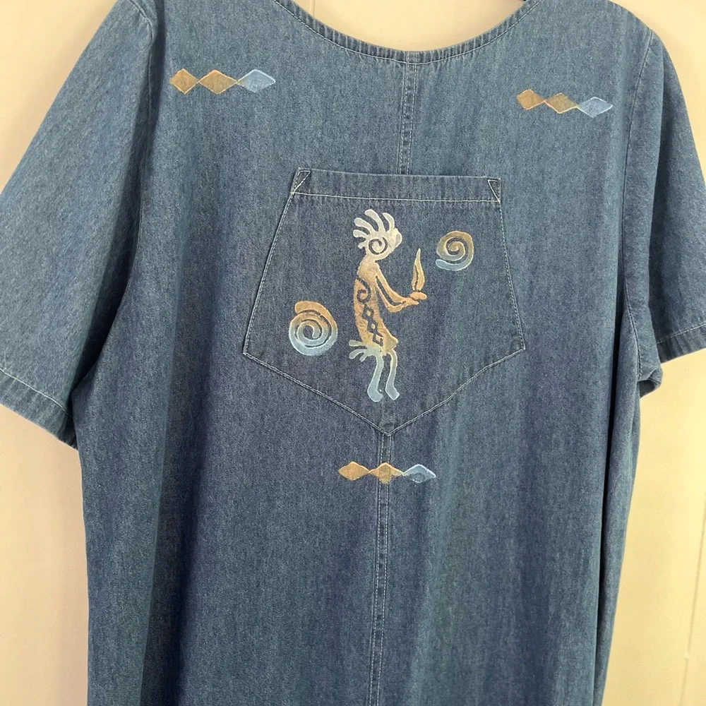 Cactus California Vintage Denim Dress Hand- Painted Kokopelli & Cactus Sz Large - Picture 8 of 16